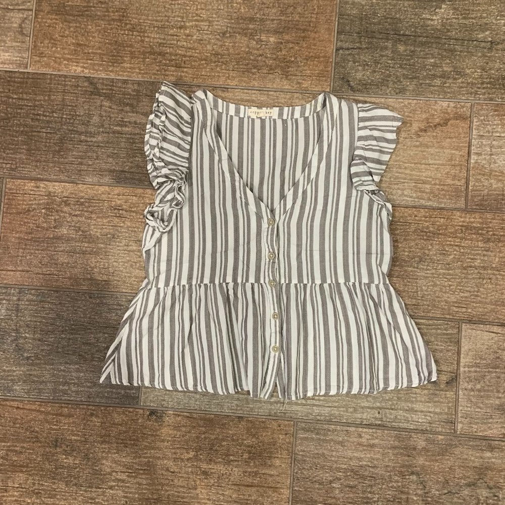 White & Gray Striped Cap-Sleeve Shirt, Size S